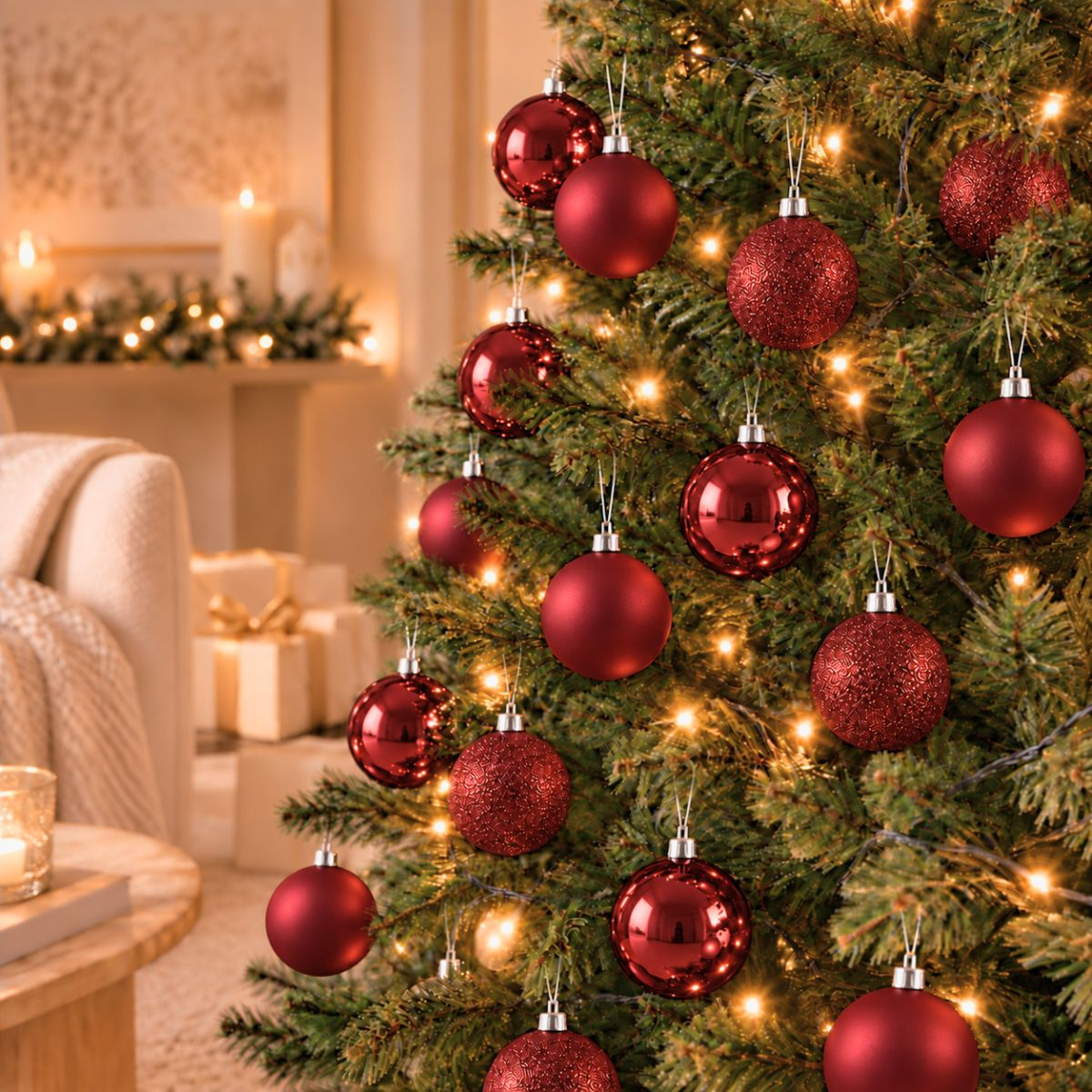 Un sapin de Noël décoré de boules rouges et de guirlandes lumineuses dans une pièce chaleureuse.