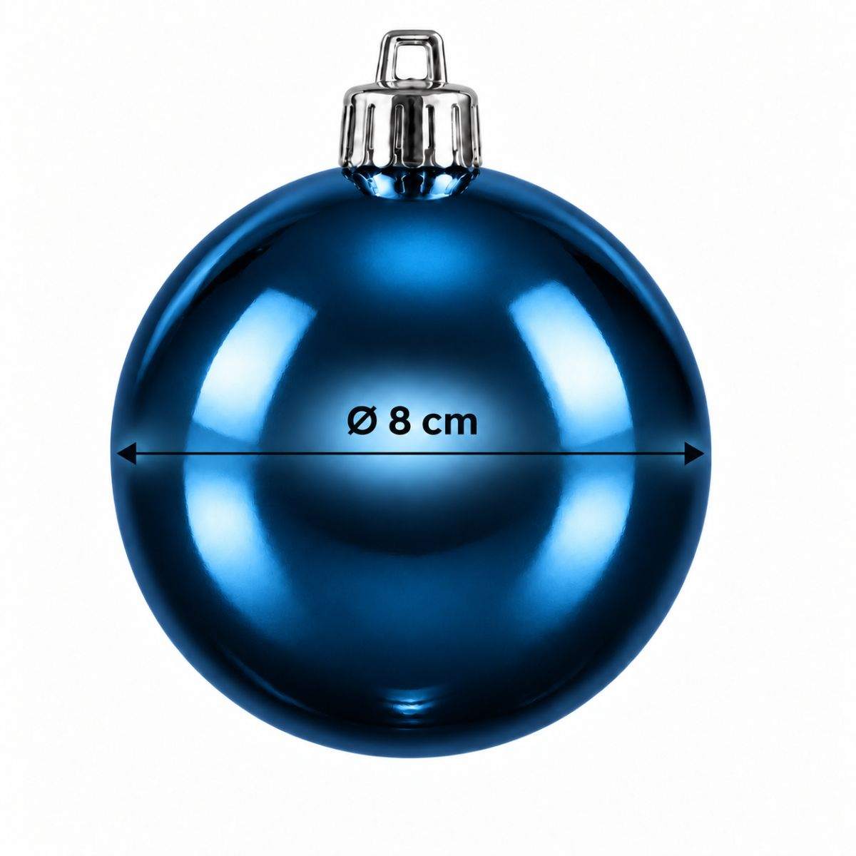 Boule de Noël bleue brillante d'un diamètre de 8 cm sur fond blanc.