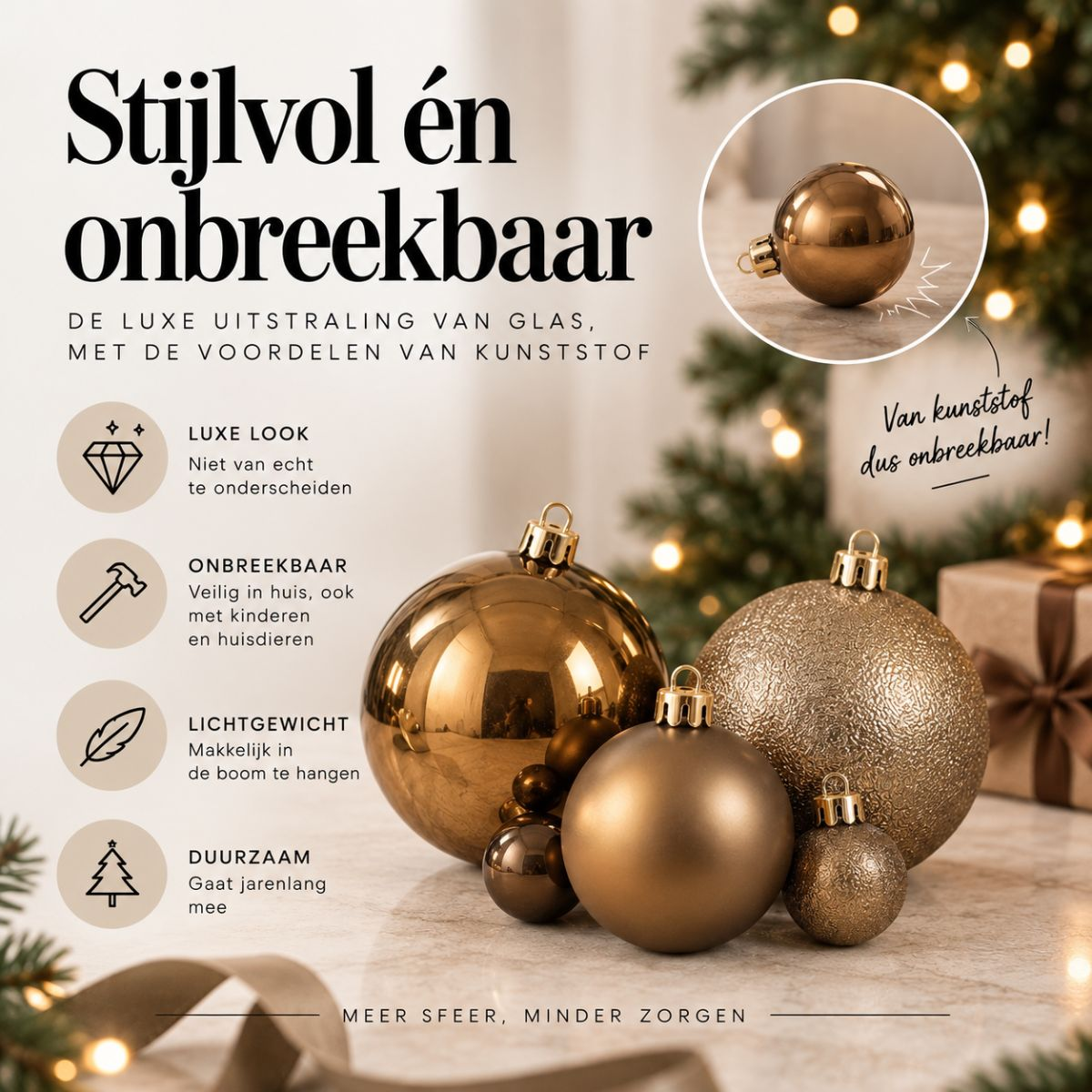 Image promotionnelle d'ornements de Noël en plastique doré incassables avec du texte.