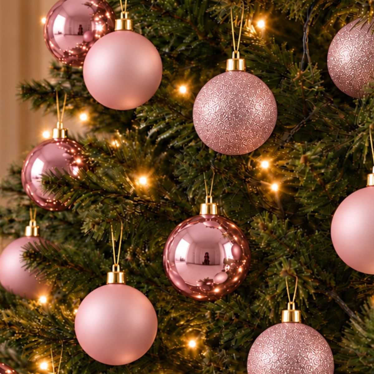 Des boules de Noël roses et pailletées accrochées à un sapin de Noël avec des lumières chaudes.