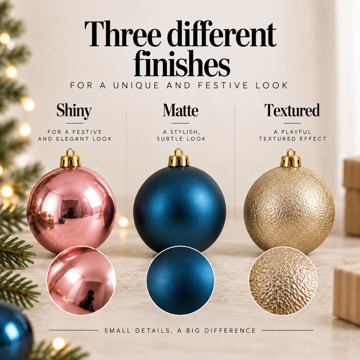 Trois boules de Noël aux finitions rose brillant, bleu mat et doré texturé.