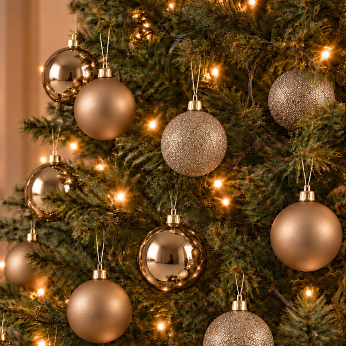 Des boules de Noël dorées pendent parmi des branches et des lumières.