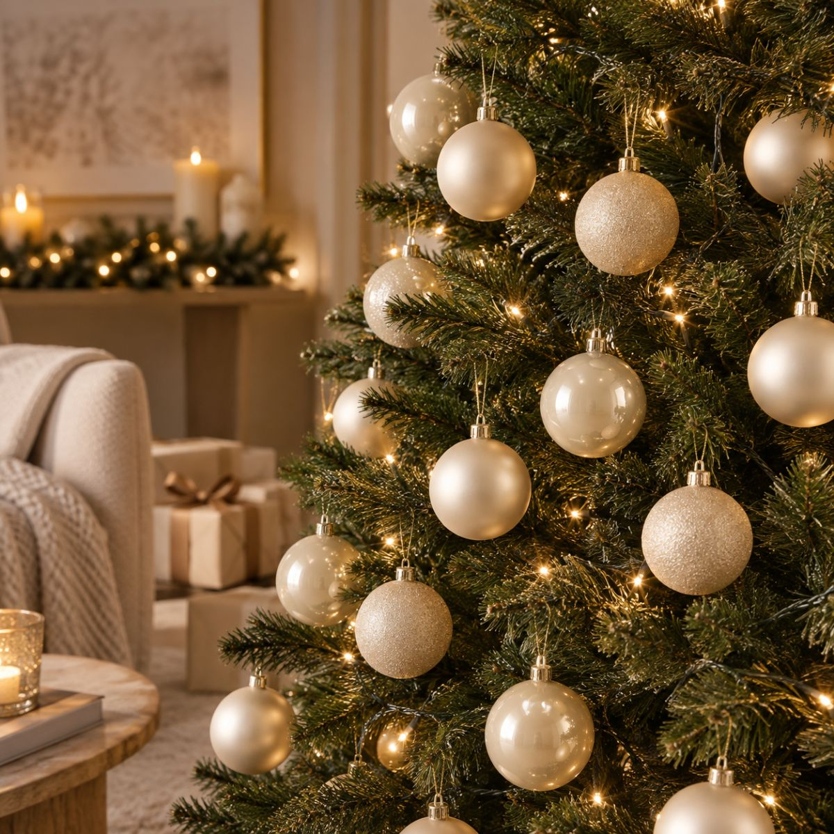 Un sapin de Noël décoré de boules dorées scintillantes et de guirlandes lumineuses dans un salon.