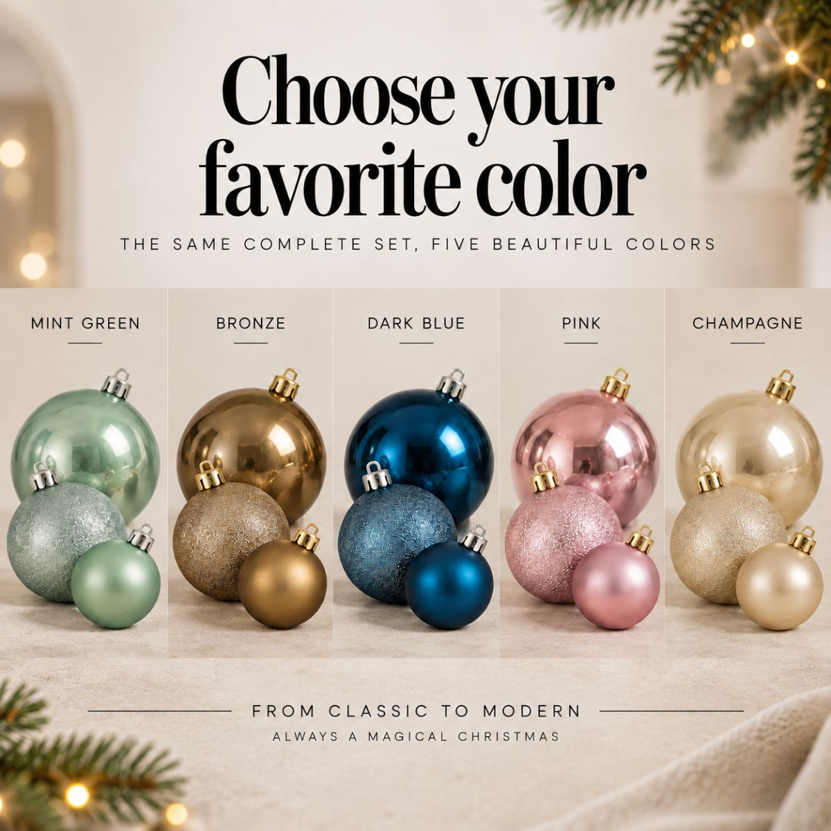 Image promotionnelle avec du texte et cinq colonnes de couleurs différentes, avec trois boules de Noël chacune.