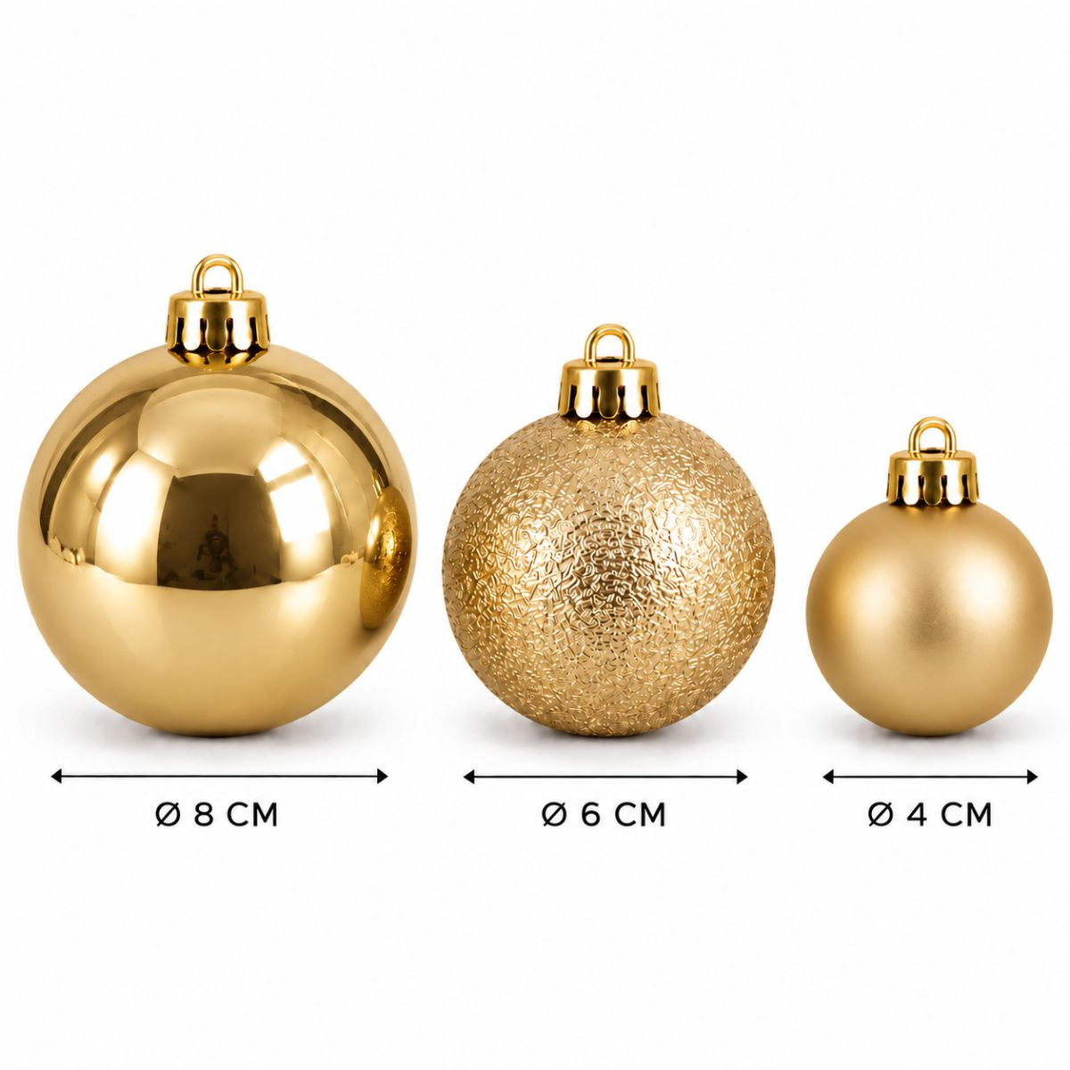Trois boules de Noël dorées de 8 cm, 6 cm et 4 cm sur fond blanc avec des flèches de dimension.