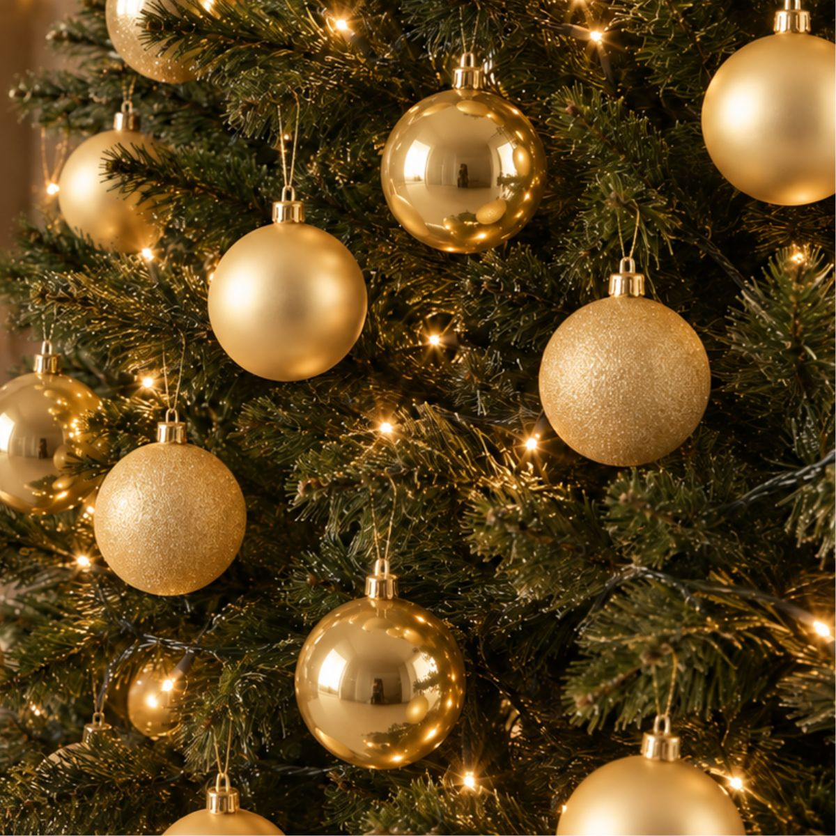 Un sapin de Noël décoré de boules dorées brillantes et de guirlandes lumineuses.