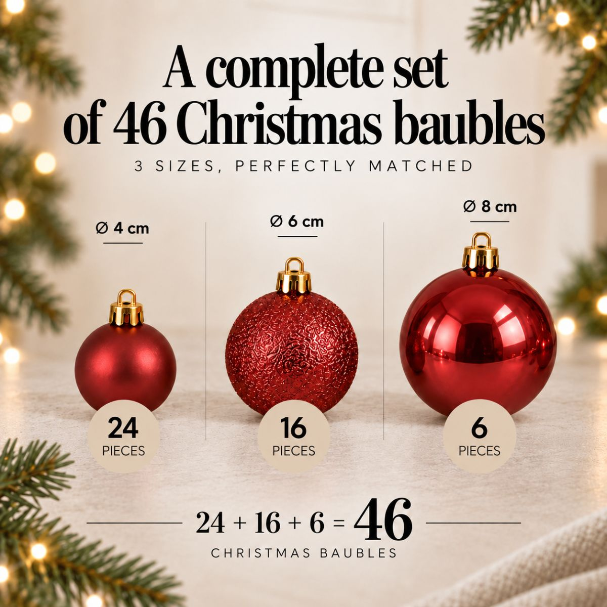 Un ensemble de 46 boules de Noël rouges de trois tailles différentes.