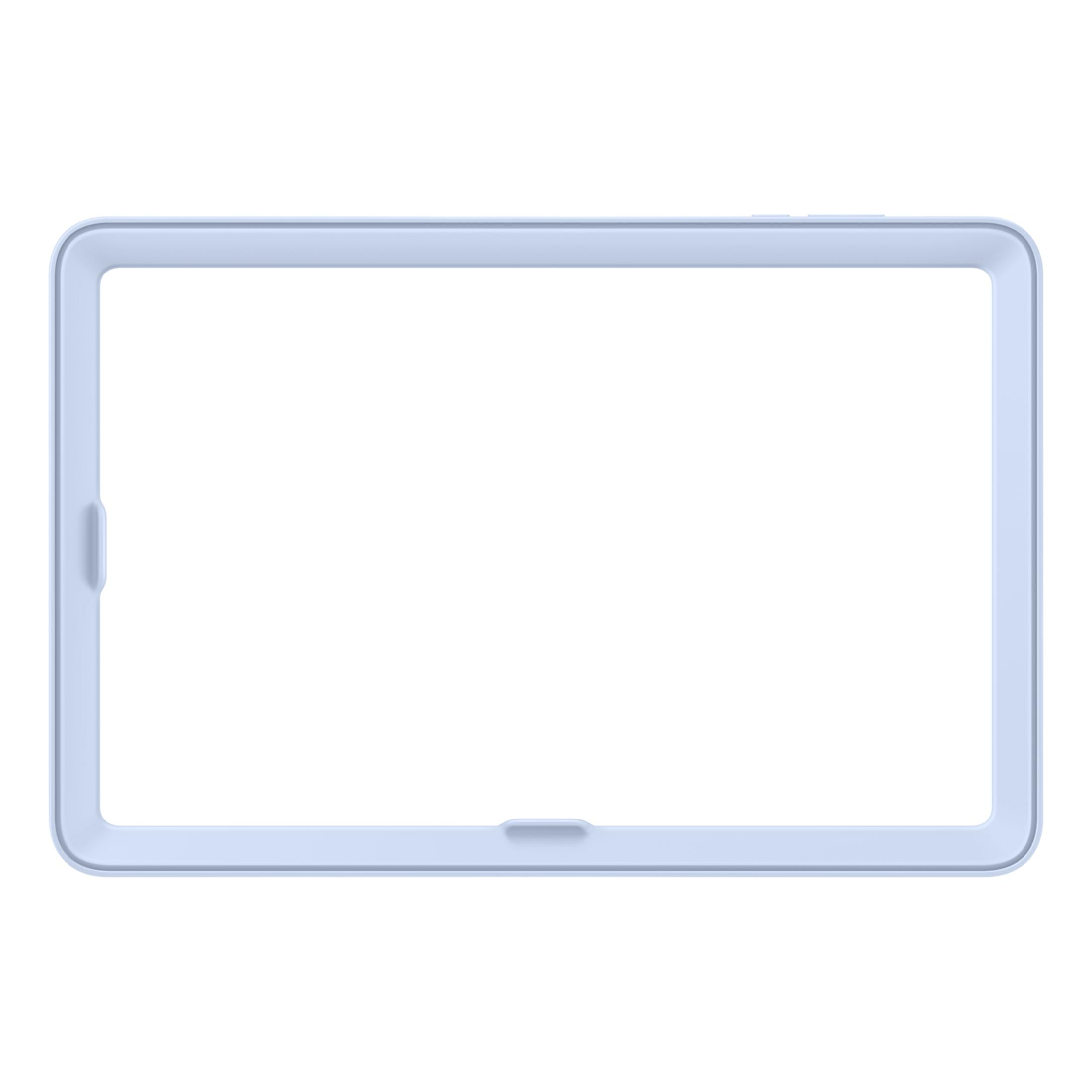 Una custodia protettiva per tablet azzurra con schermo vuoto, vista frontale su sfondo bianco.