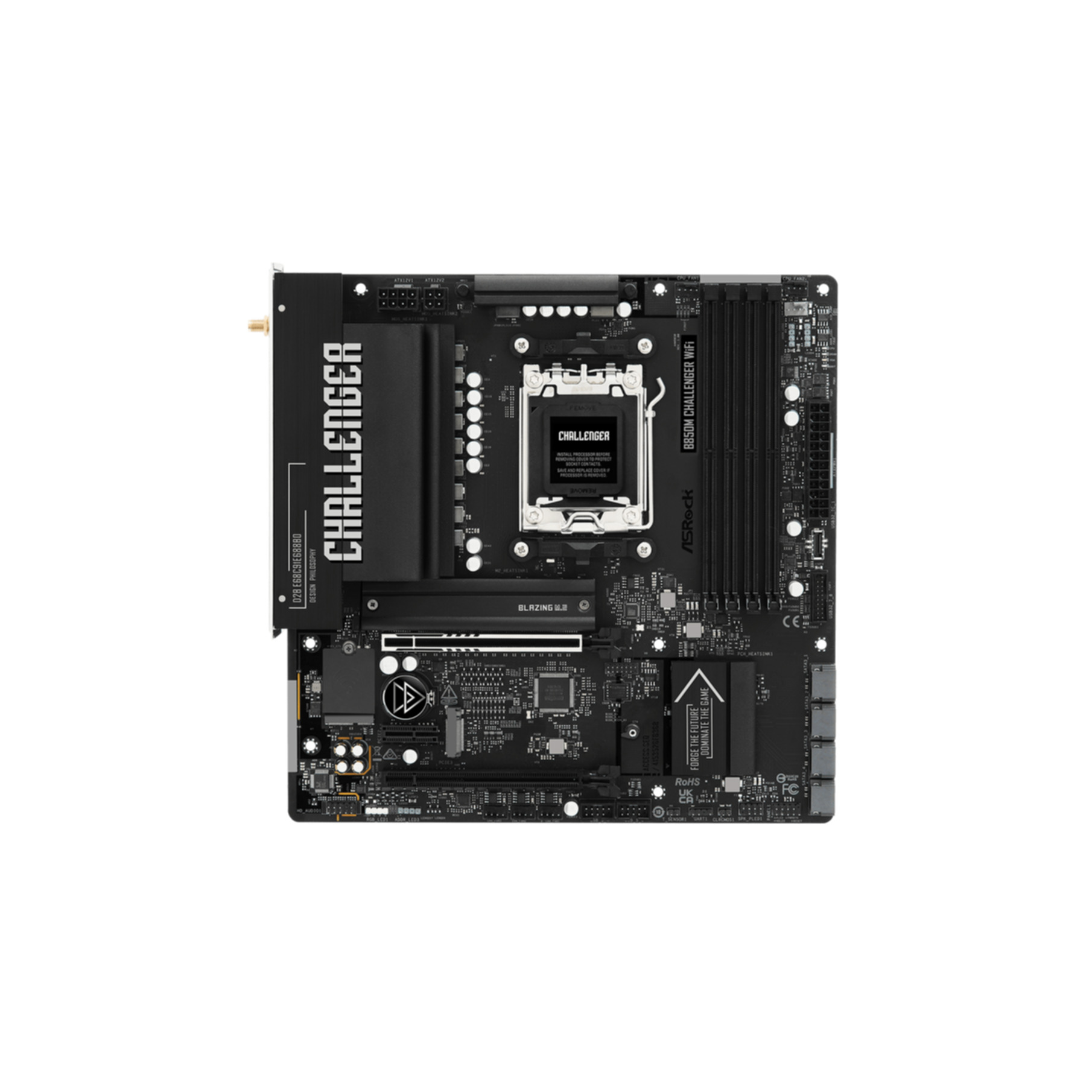 Carte mère noire ASRock B850M Challenger WiFi avec composants.