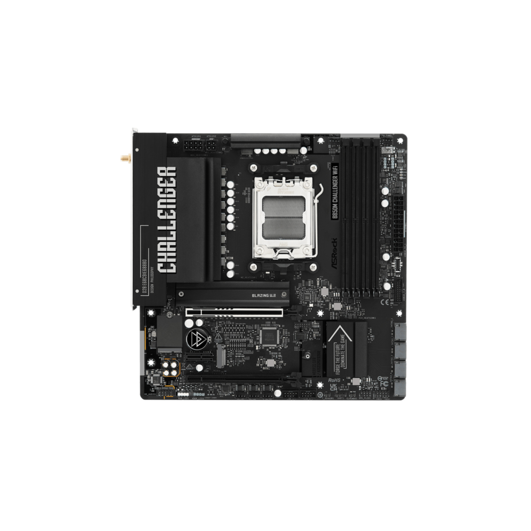 Carte mère noire ASRock B650M Challenger WiFi avec socket CPU, emplacements RAM et dissipateurs.