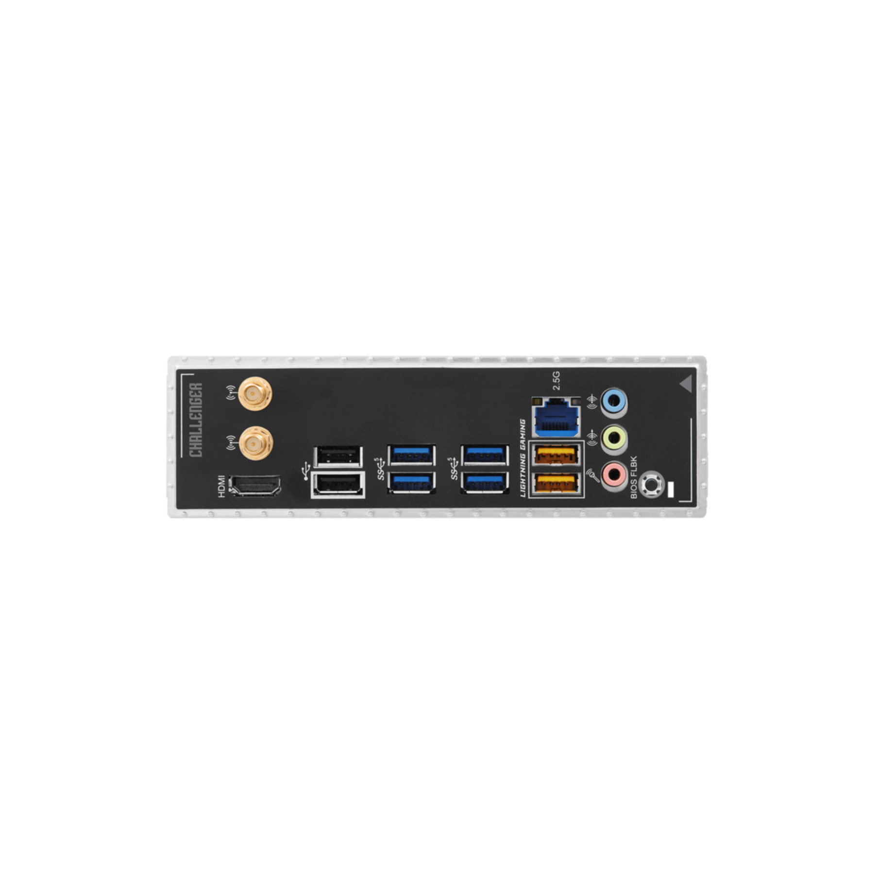 Panneau E/S arrière d'une carte mère avec ports USB, HDMI, Ethernet et audio.