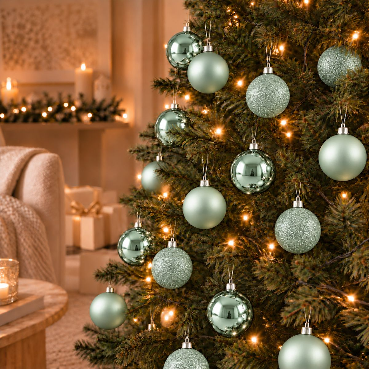 Des boules de Noël vert menthe brillantes et mates sont accrochées à un sapin de Noël illuminé dans une pièce chaleureuse.
