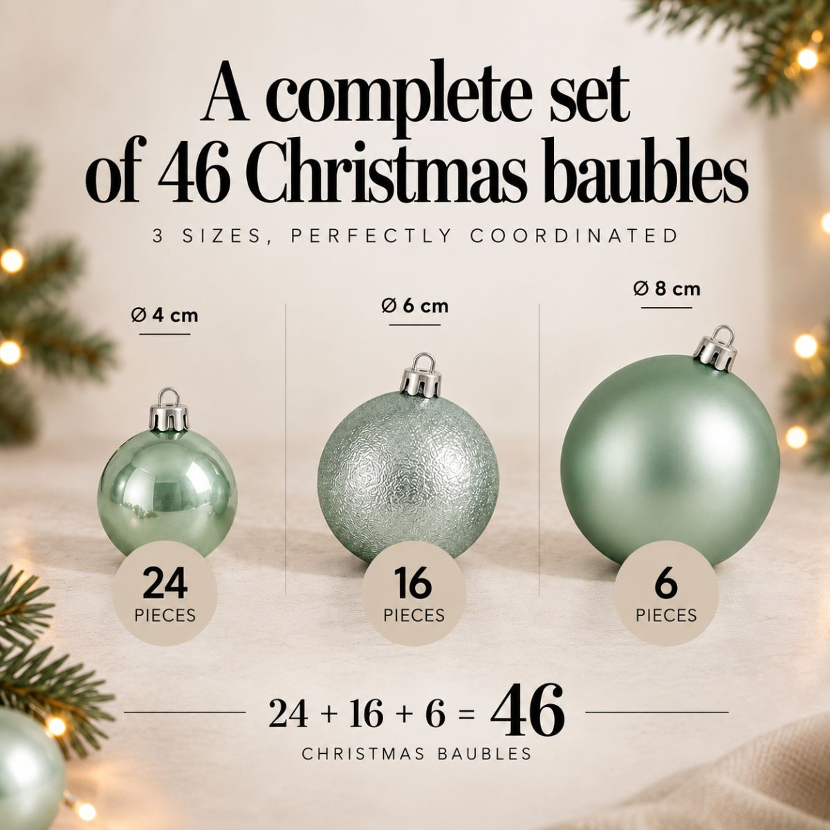 Ensemble de 46 boules de Noël vertes de trois tailles : 24 petites, 16 moyennes et 6 grandes.