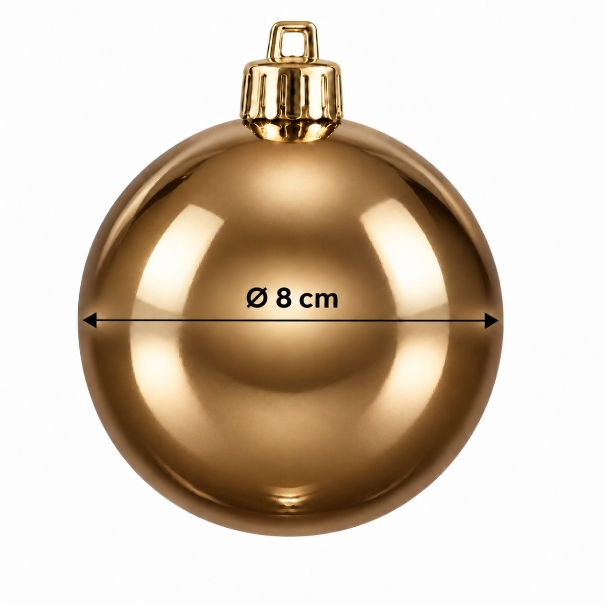 Boule de Noël dorée brillante d'un diamètre de 8 cm sur fond blanc.