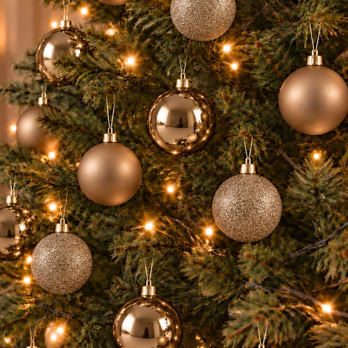 Un sapin de Noël décoré de boules dorées brillantes et mates et de guirlandes lumineuses.