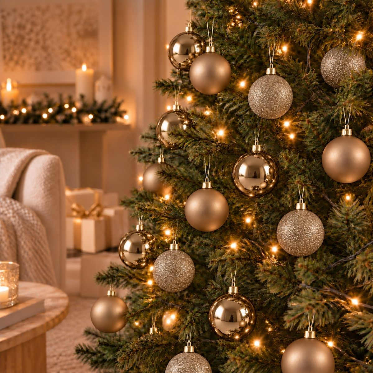 Un sapin de Noël décoré de boules dorées et de lumières chaudes dans un salon confortable.