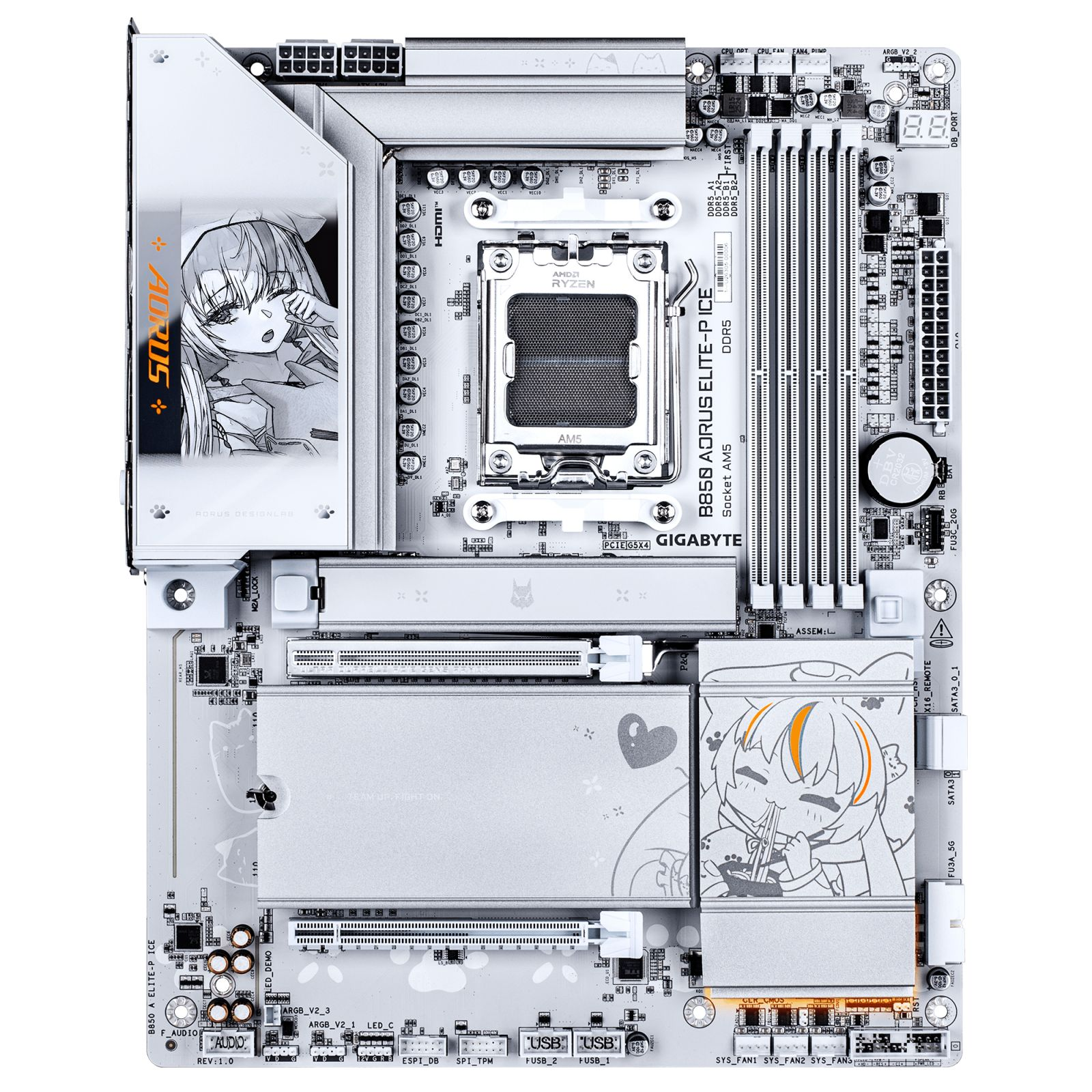 Una scheda madre bianca Gigabyte B850 con illustrazioni anime e dettagli arancioni.