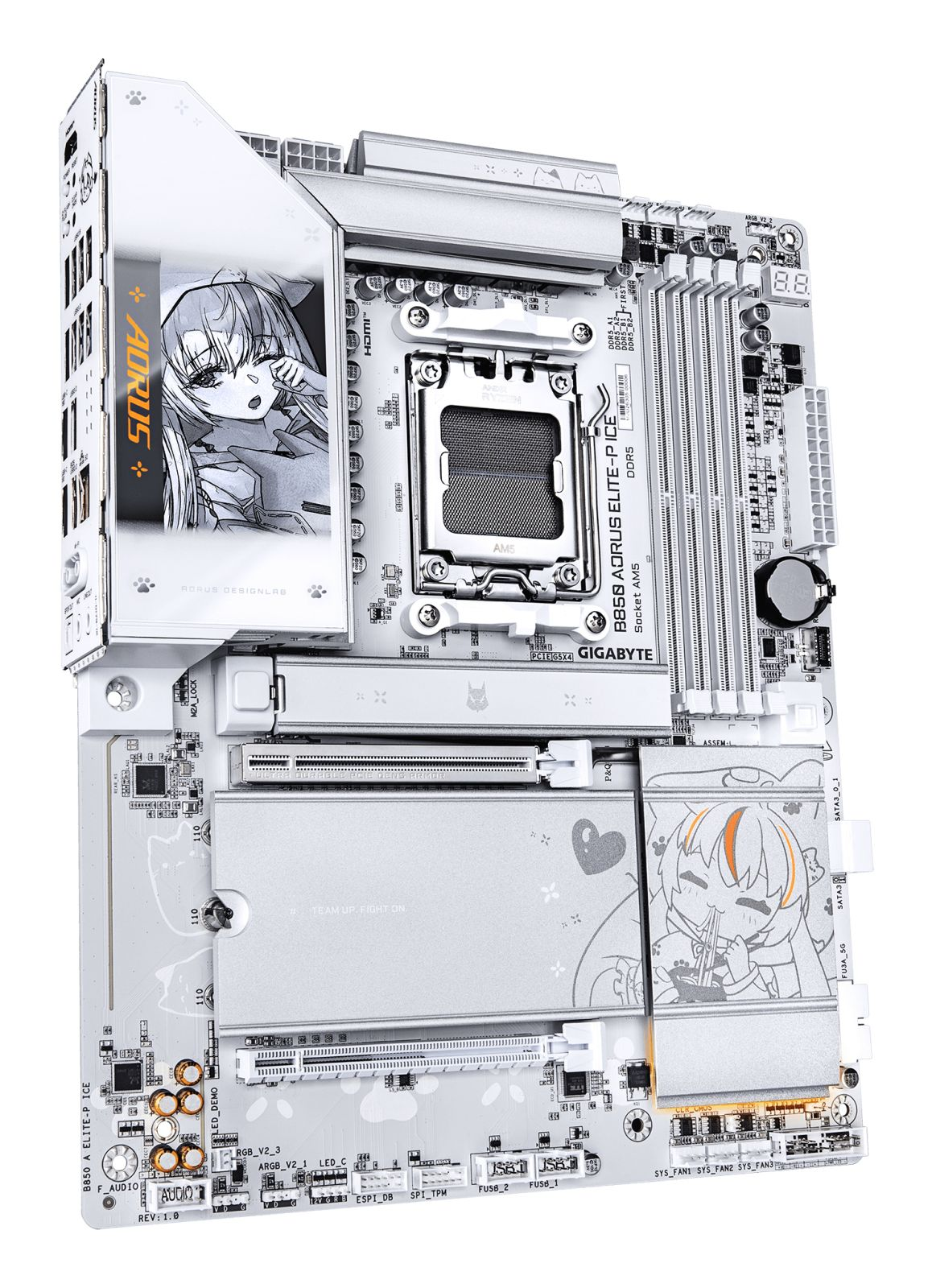 Scheda madre bianca Gigabyte B850 Aorus Elite-P Ice con illustrazioni anime e dissipatori argentati.