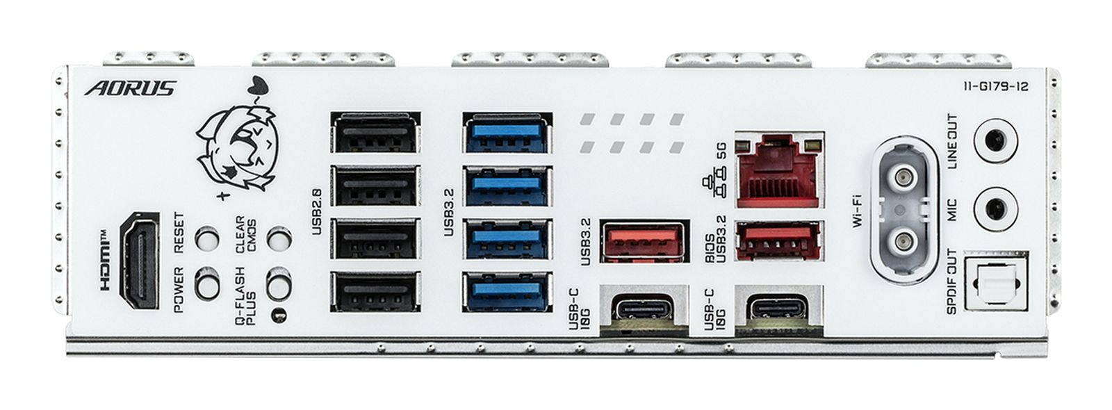 Pannello I/O posteriore di una scheda madre Aorus con porte USB, HDMI, LAN, Wi-Fi e audio.