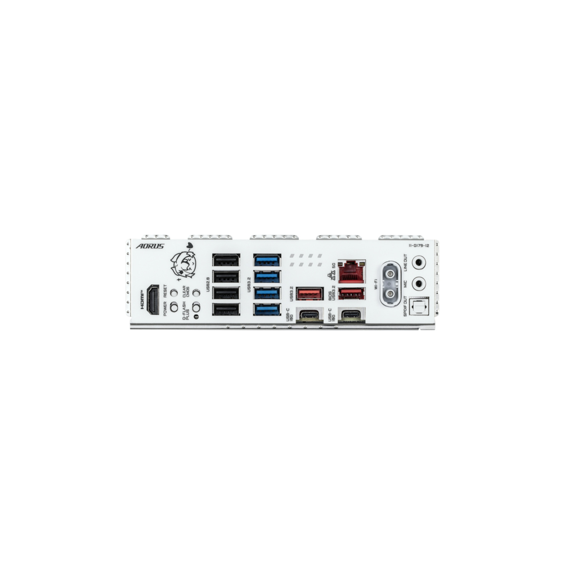 Pannello I/O della scheda madre con porte USB, HDMI, Ethernet e connettori Wi-Fi su sfondo bianco.