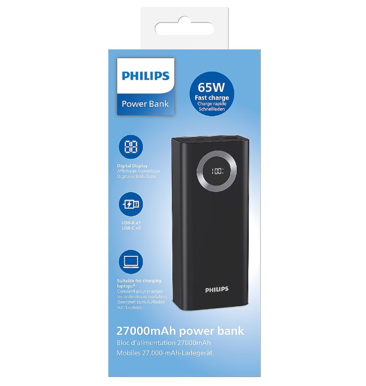 65W hızlı şarj ve dijital ekrana sahip siyah Philips 27000mAh taşınabilir şarj cihazı kutusu.