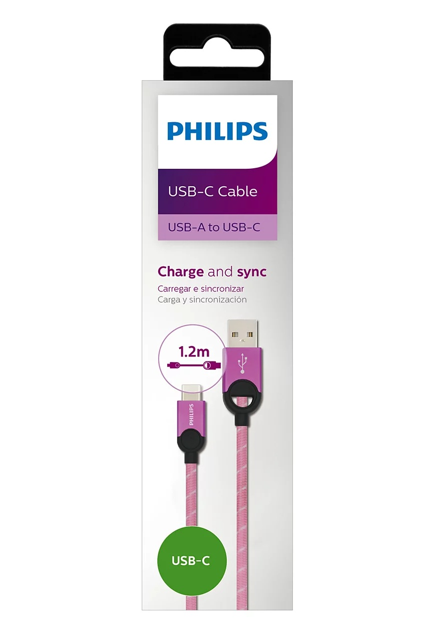 1,2 metre pembe Philips USB-A - USB-C kablo ambalaji.