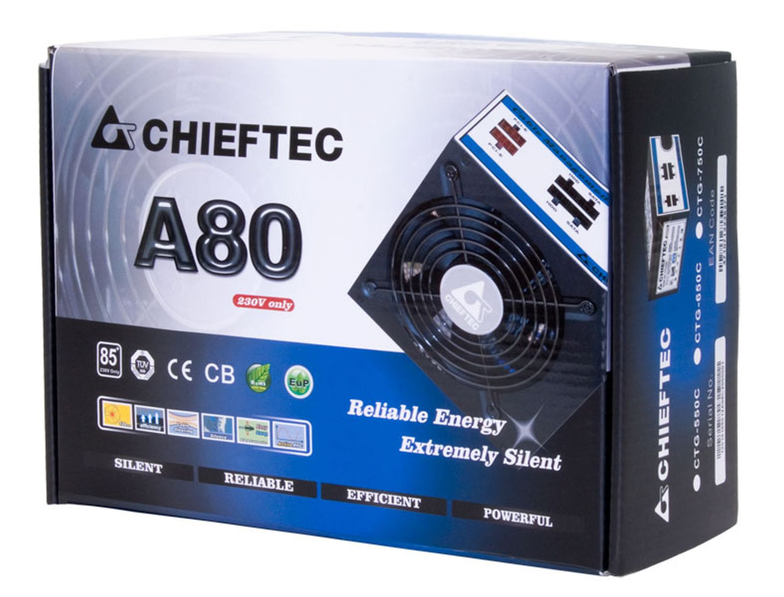 Pudełko zasilacza Chieftec A80 z detalami produktu i niebiesko-białym wzorem.