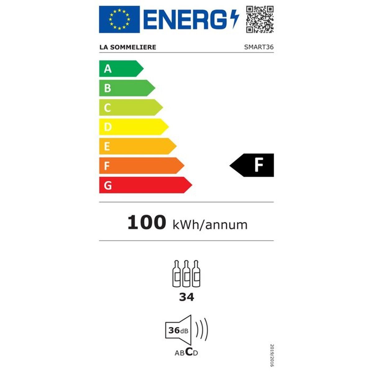Etiqueta energética de la UE para La Sommeliere SMART36, clase F, 100 kWh/año, 34 botellas y 36 dB.