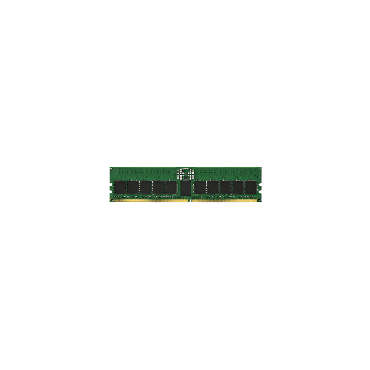 Scheda di memoria RAM verde con chip neri su sfondo bianco.