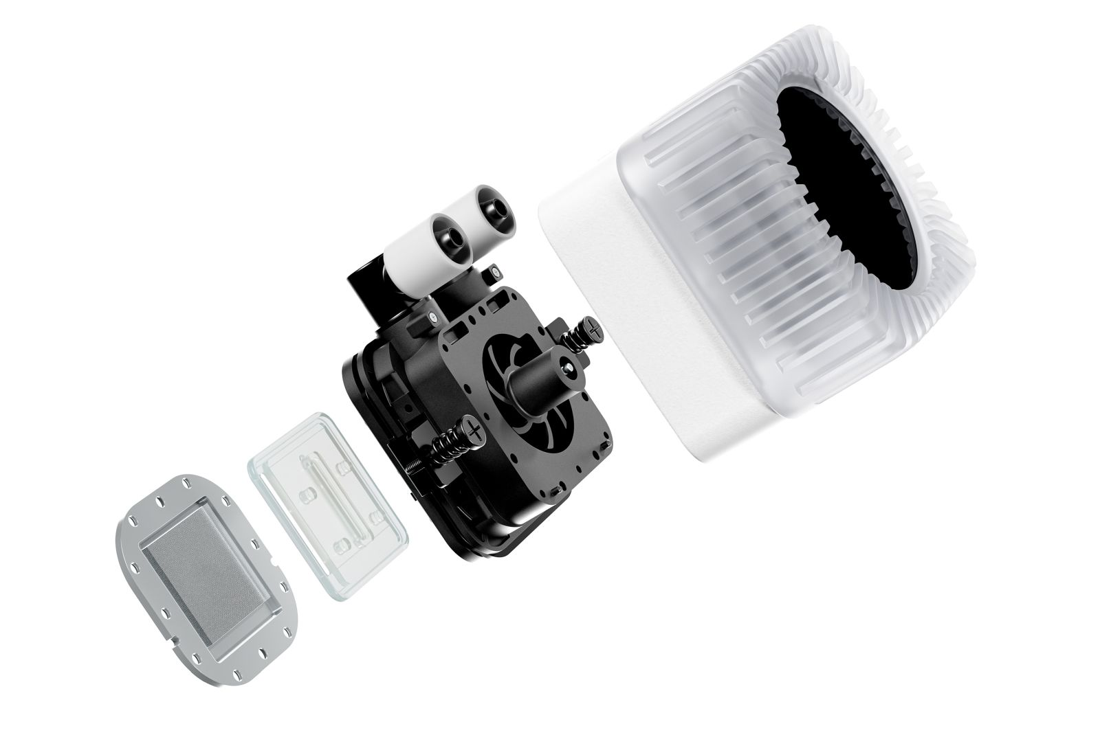 Exploded view of a computer water cooling block showing the pump, heatsink, plates, and tubes.