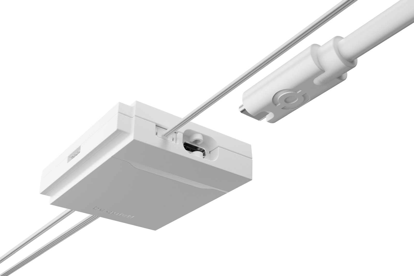A white technical device with an open port and a cable with a connector against a white background.