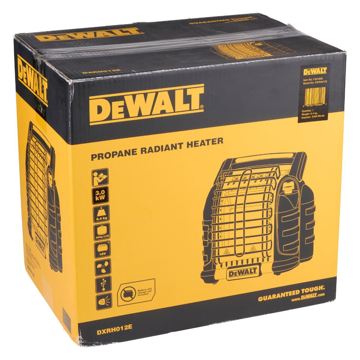 Une boîte de chauffage radiant au propane DeWalt jaune et noire avec spécifications et icônes.