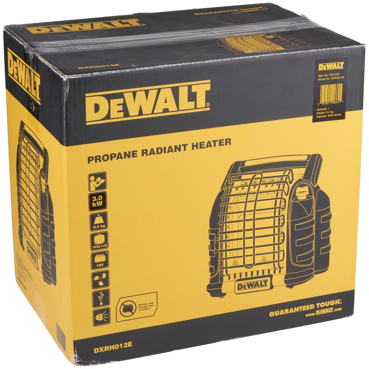 Une boîte de chauffage radiant au propane DeWalt noire et jaune, montrant les caractéristiques et illustrations.