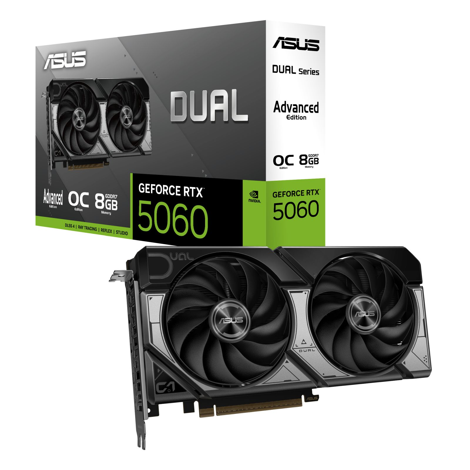 Karta graficzna ASUS GeForce RTX 5060 Dual z dwoma wentylatorami przed pudełkiem.