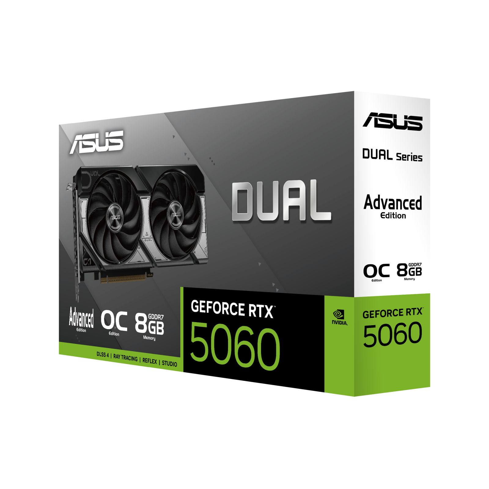 Opakowanie karty graficznej ASUS Dual GeForce RTX 5060 Advanced Edition z dwoma wentylatorami i 8GB pamięci GDDR7.