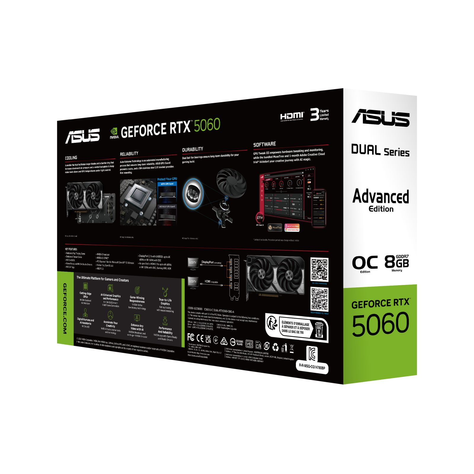 Pudełko ASUS Dual GeForce RTX 5060 z detalami chłodzenia, niezawodności i oprogramowania na białym tle.