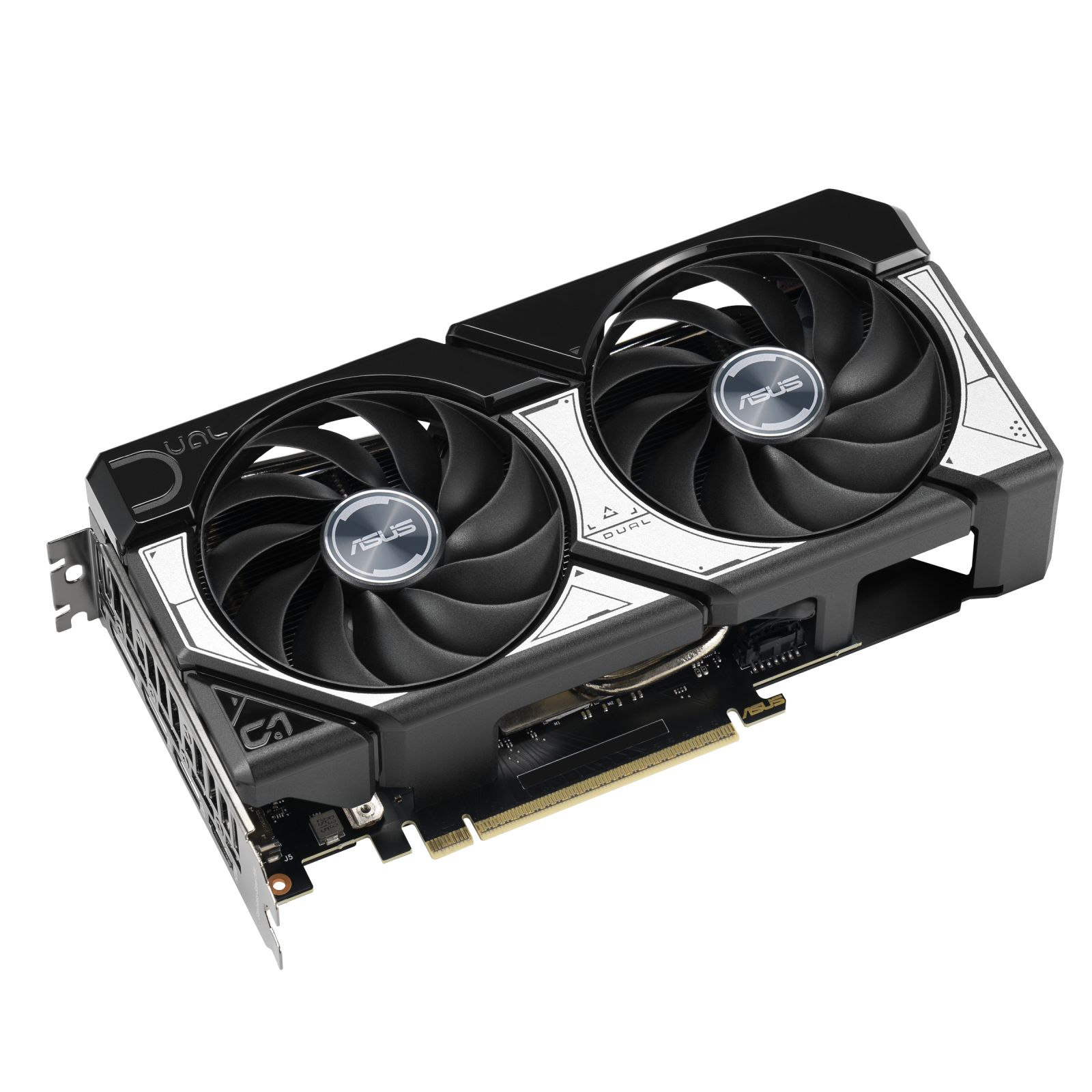 Czarna karta graficzna ASUS Dual z dwoma wentylatorami i białymi akcentami na białym tle.