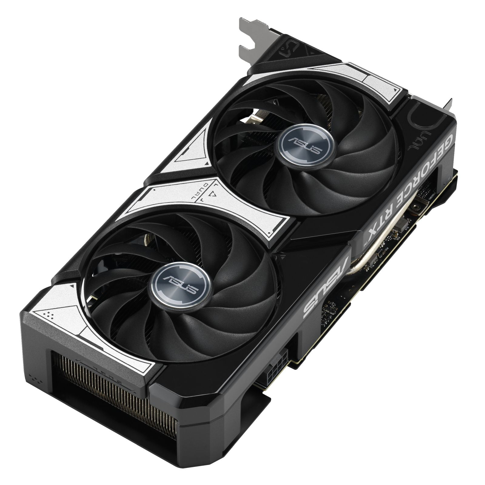 Czarna karta graficzna Asus Dual GeForce RTX z dwoma wentylatorami i srebrnymi akcentami.