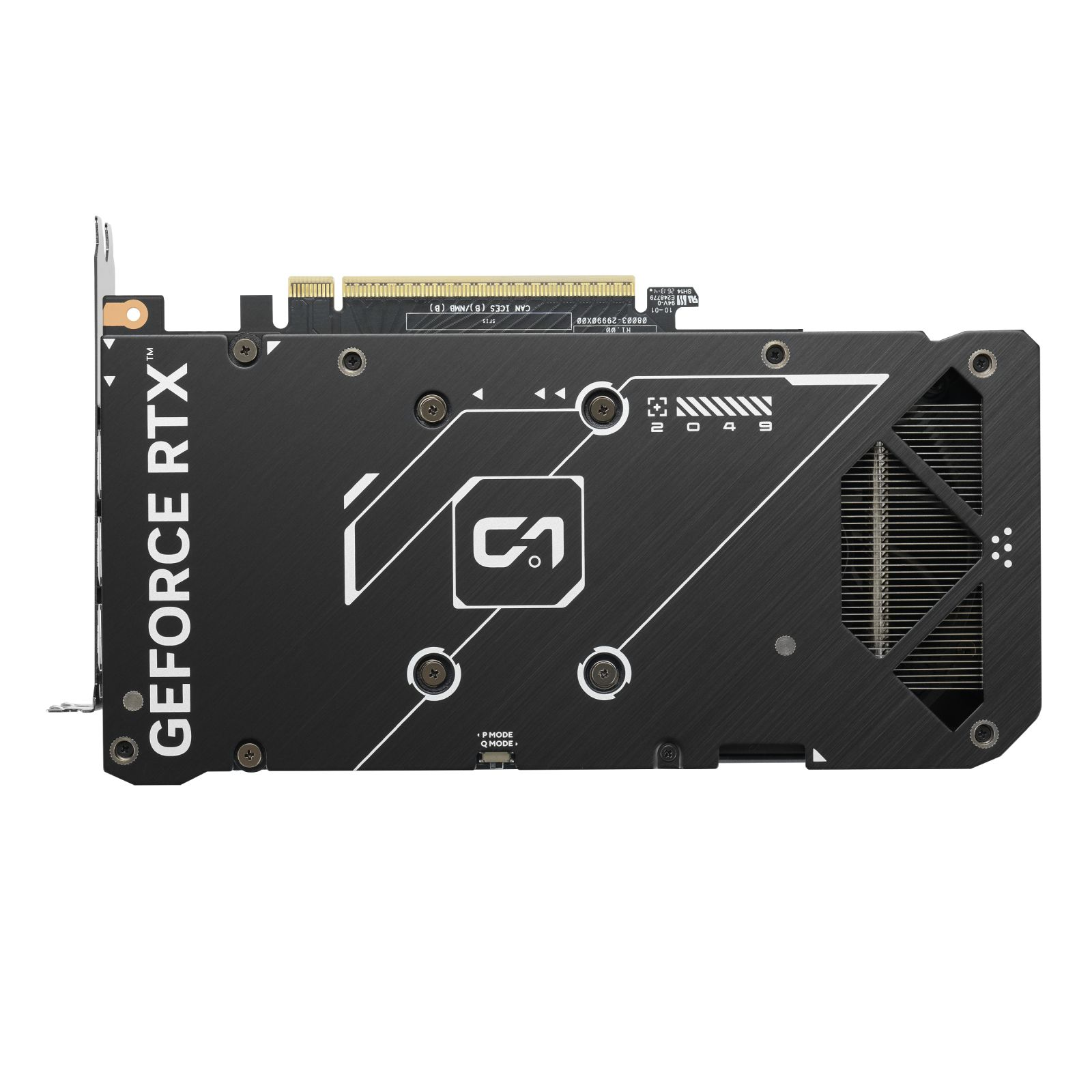 Czarna karta graficzna GeForce RTX z backplate'em, białą grafiką i widocznym wentylatorem.