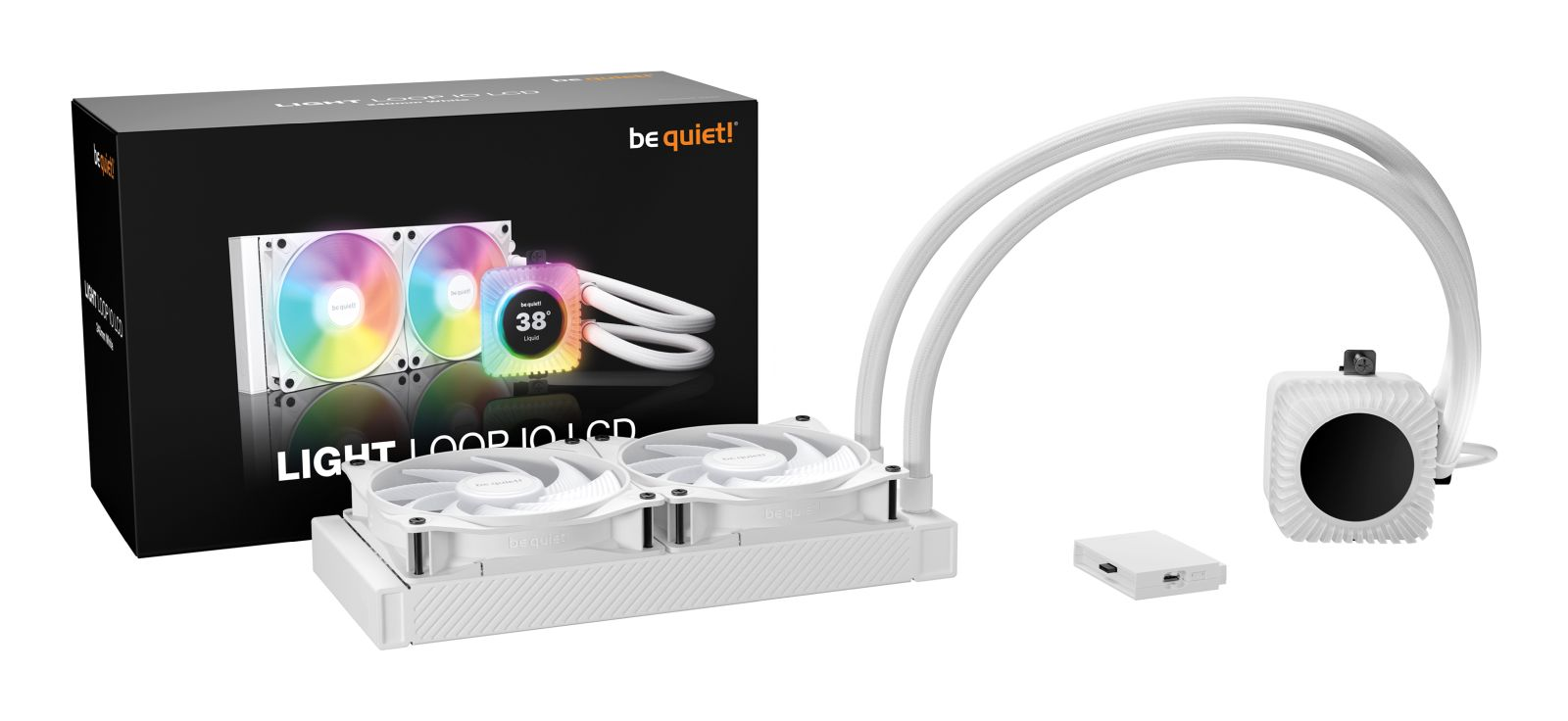 A white CPU liquid cooler with dual fans, radiator, pump, and packaging box.