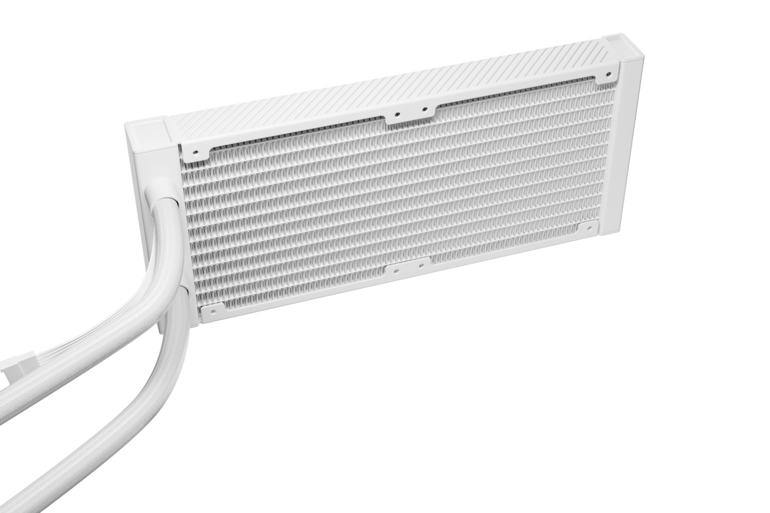 A white computer liquid cooling radiator with two attached tubes against a white background.