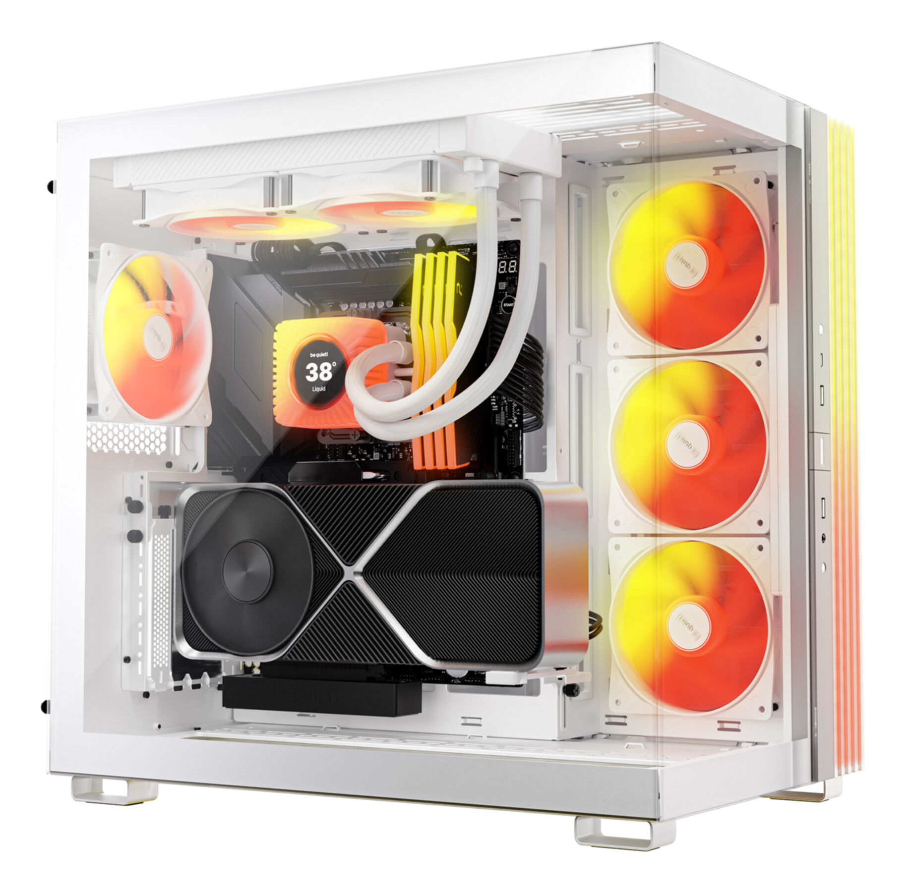 A white computer case interior with glowing orange fans, a dark graphics card, and liquid cooling components.