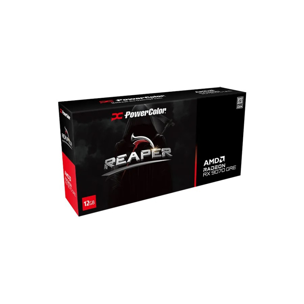 Scatola della scheda grafica nera PowerColor Reaper con accento rosso, marchio AMD Radeon ed etichetta 12GB.
