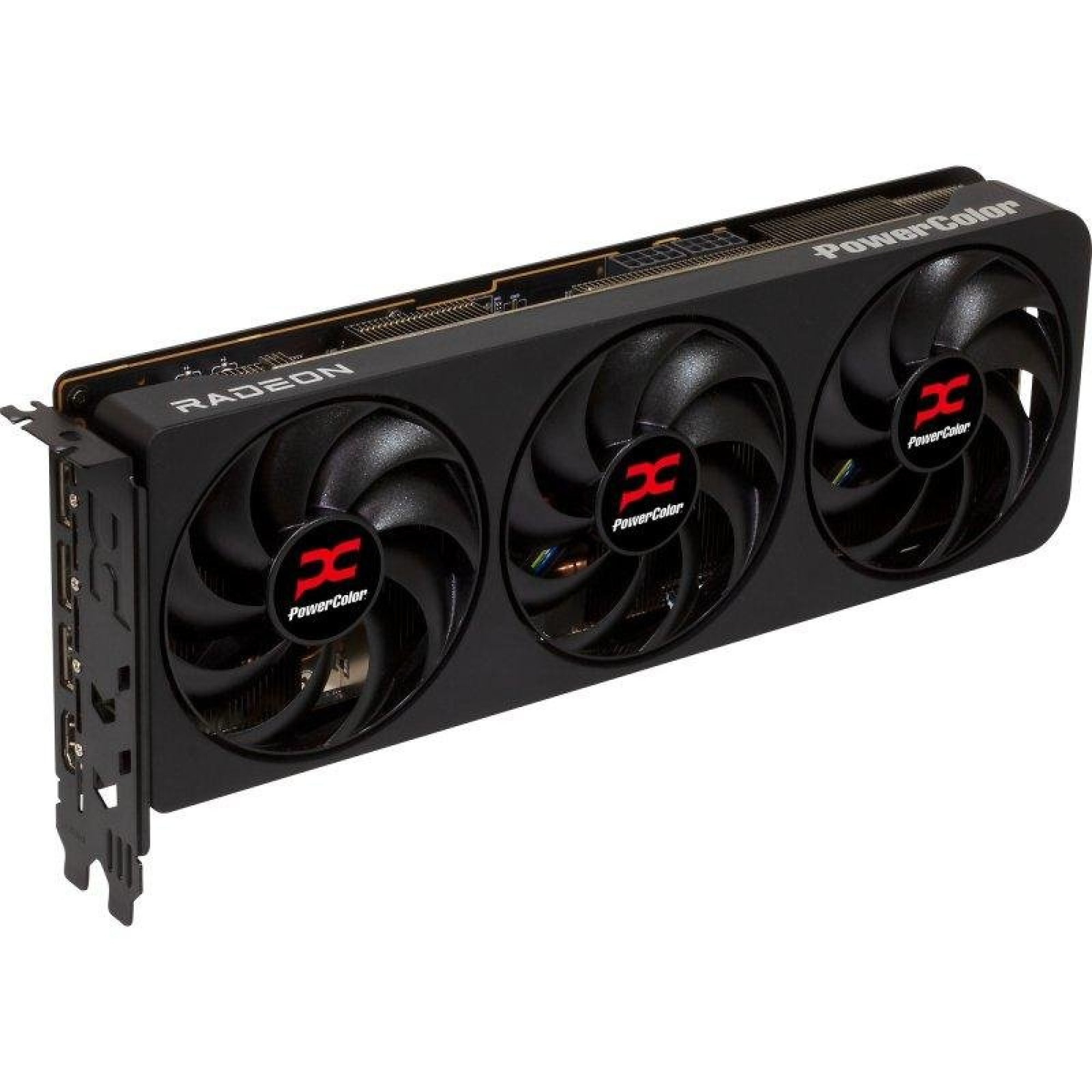 Una scheda grafica PowerColor Radeon nera con tre ventole e marchio bianco su sfondo bianco.
