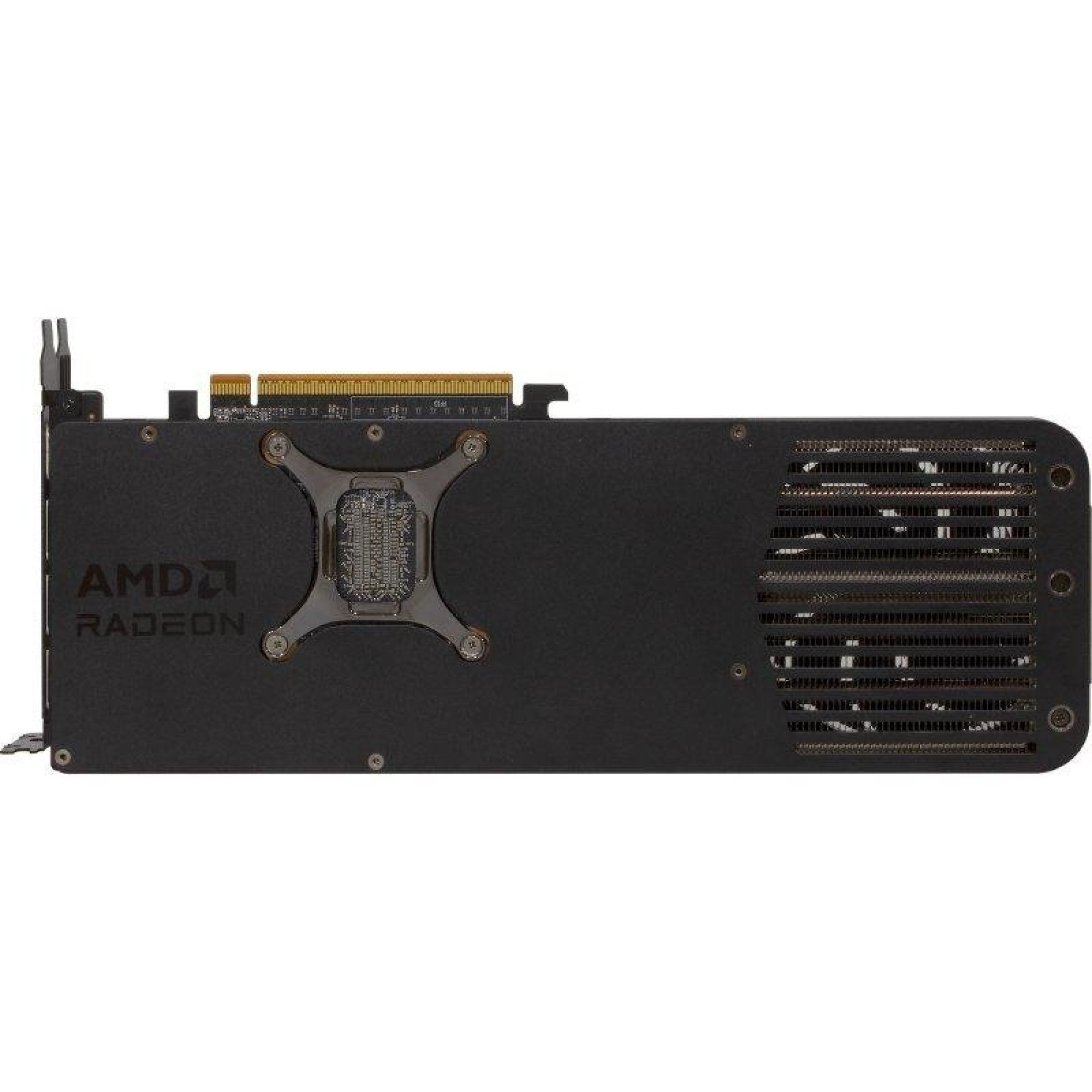 Un backplate per scheda grafica AMD Radeon nera con staffa a X argentata su sfondo bianco.