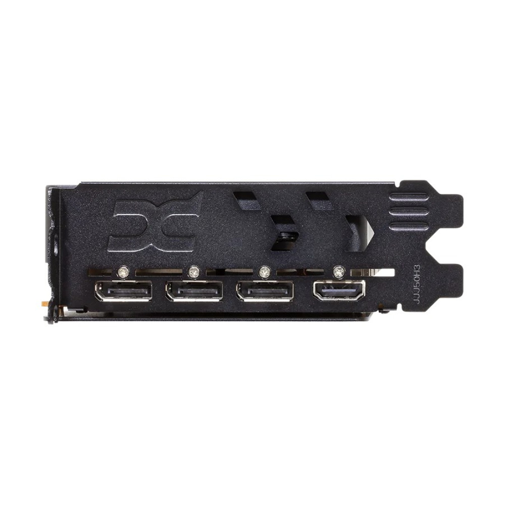 Pannello posteriore di una scheda grafica nera con tre porte DisplayPort e una HDMI.