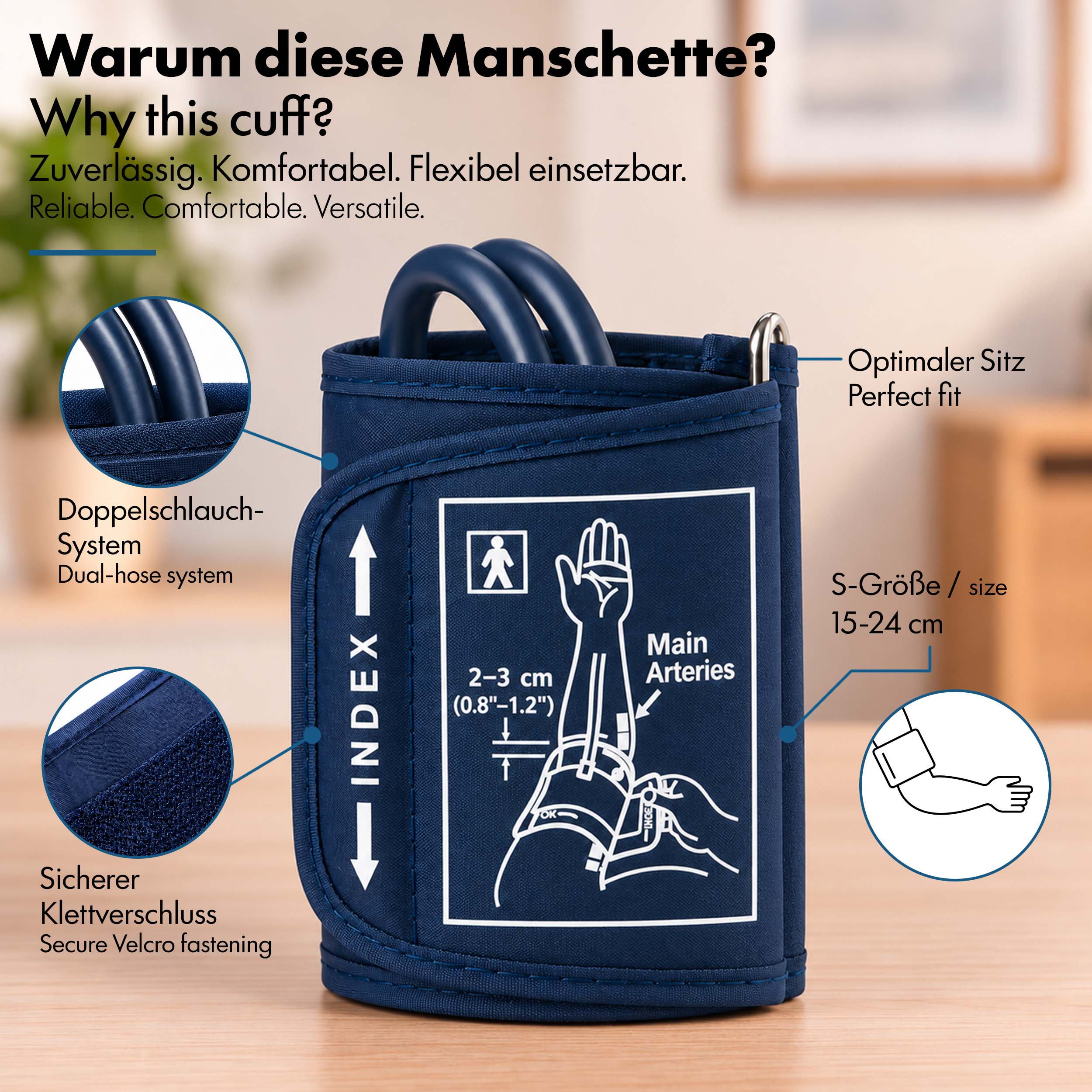 Blaue Blutdruckmanschette mit Infografiken und Beschreibungen zu Merkmalen und Anwendung.