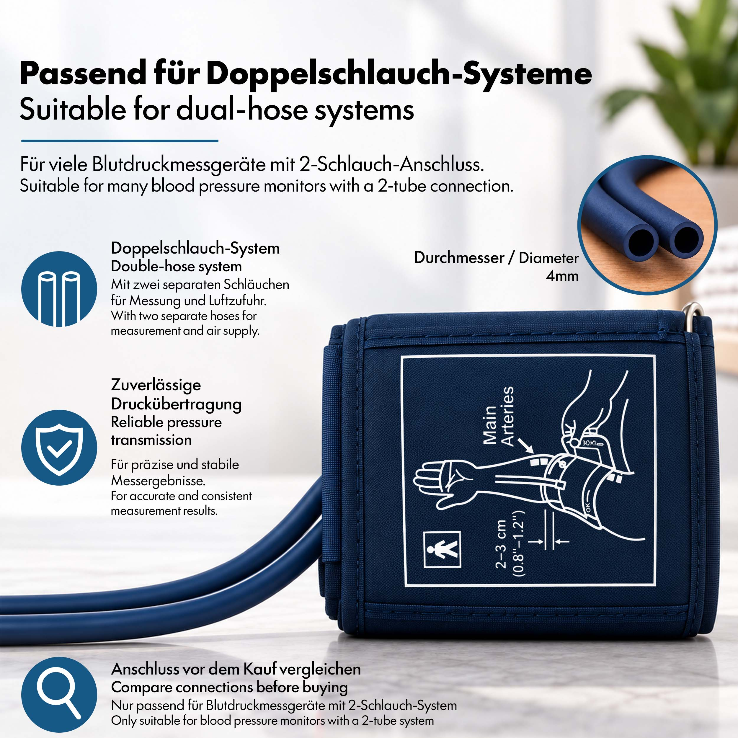Blaue Blutdruckmanschette mit Doppelschlauch-System, Grafiken und Texten in deutscher und englischer Sprache.