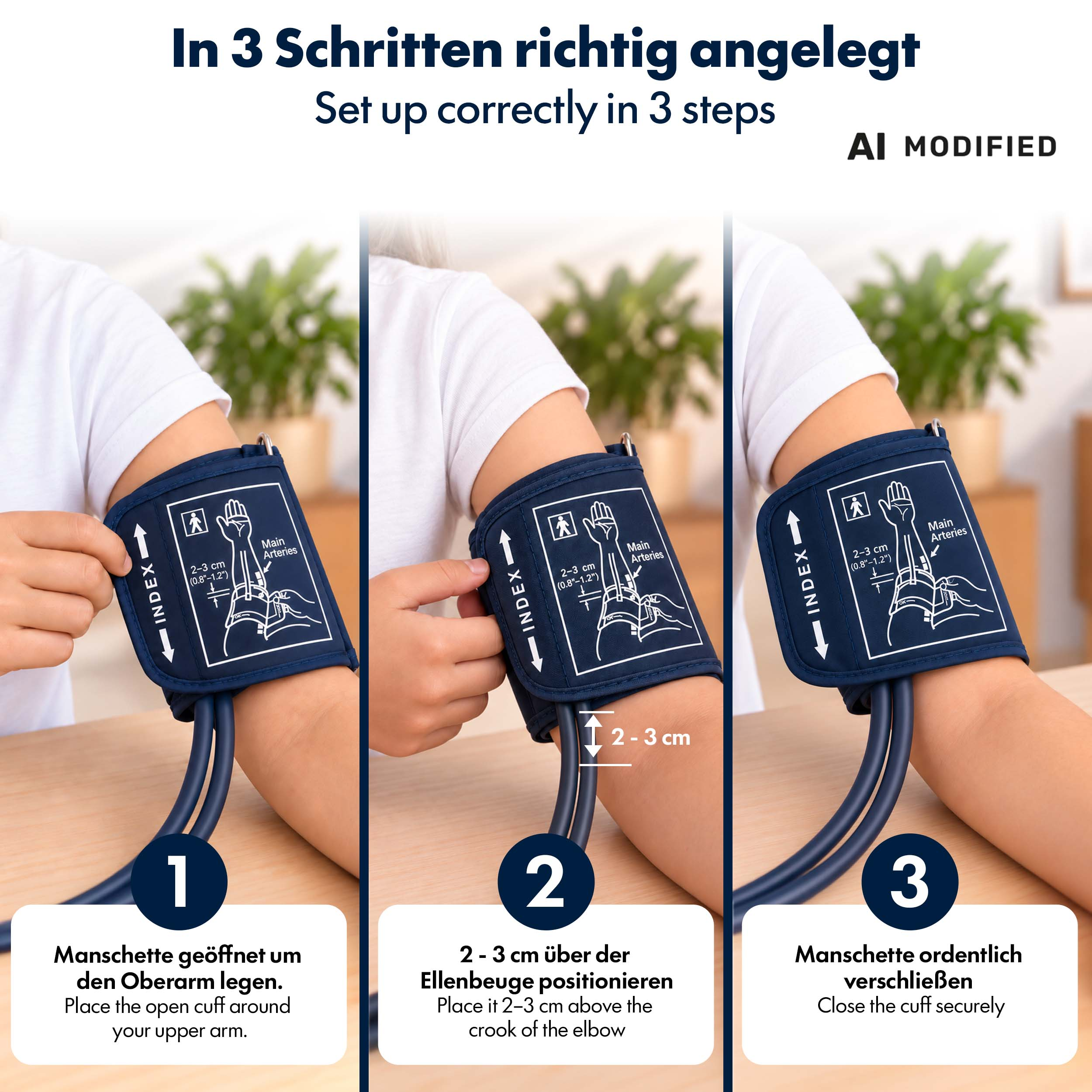 Eine dreiteilige Anleitung zeigt, wie eine Blutdruckmanschette richtig am Oberarm angelegt wird.