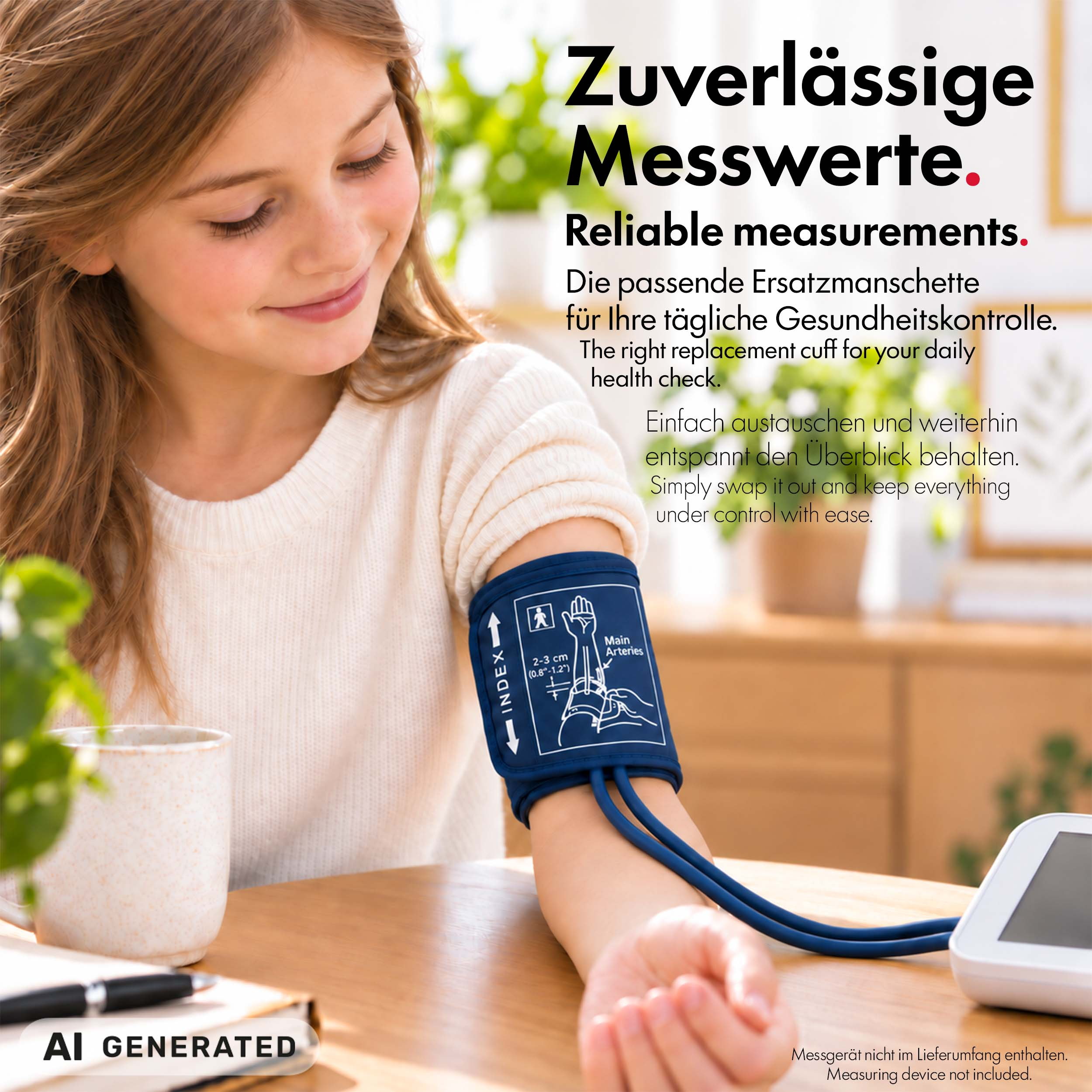 Ein junges Mädchen sitzt am Tisch mit einer blauen Blutdruckmanschette am Arm, im Hintergrund Text und Pflanzen.